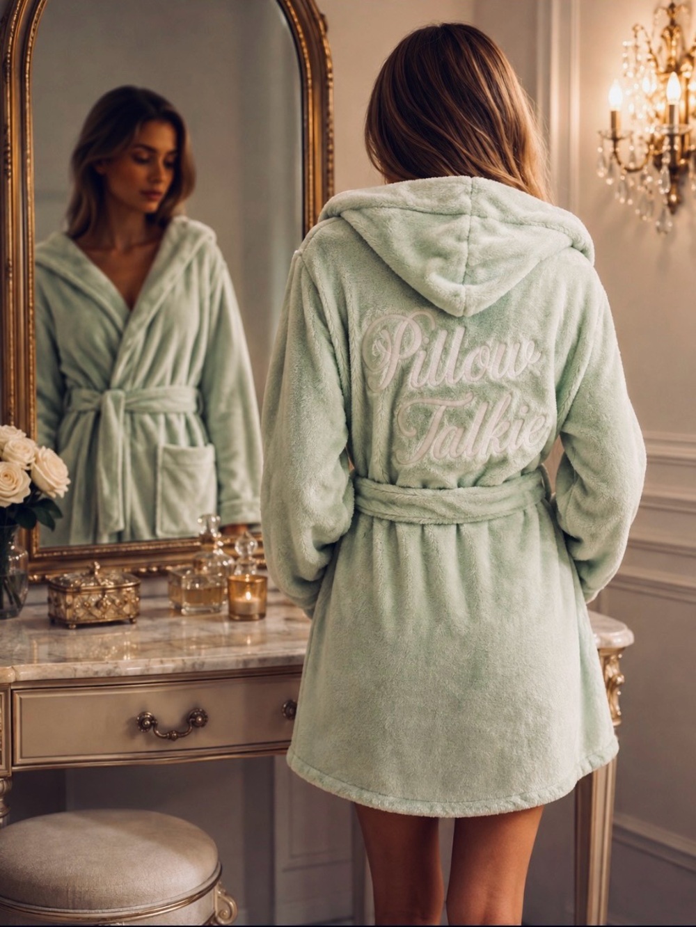 NWT WILDFOX Pillow Talker Embroidered Hooded Plush Robe Belted Mint Green M